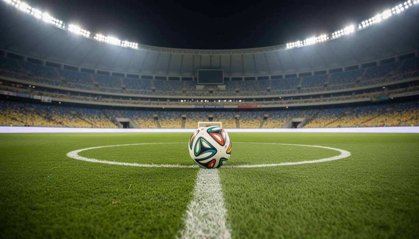A soccer ball on the center spot of a floodlit stadium pitch before a match