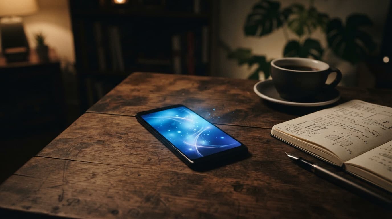 A minimalist smartphone interface glowing with soft blue light against a dark background, suggesting an AI assistant chat screen, no people, no text, no logos