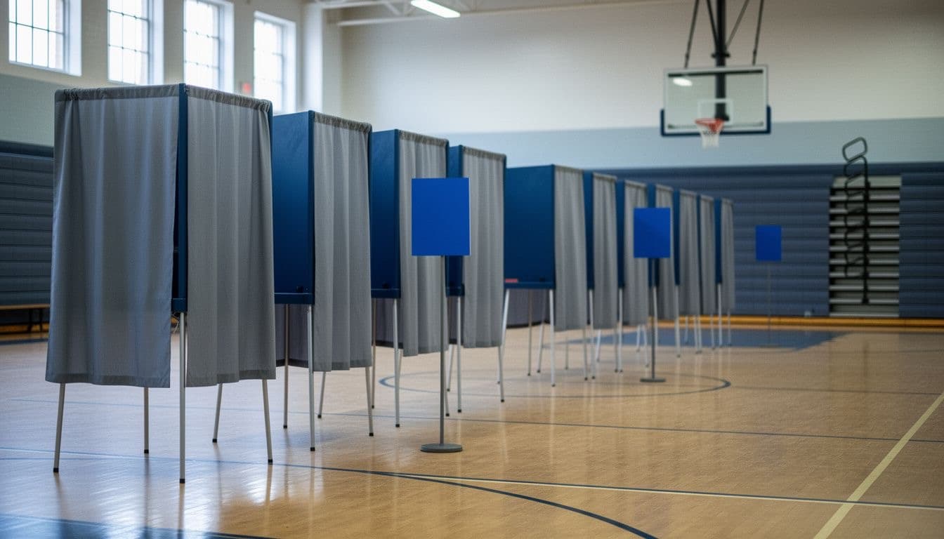 Voting booths in a school gymnasium