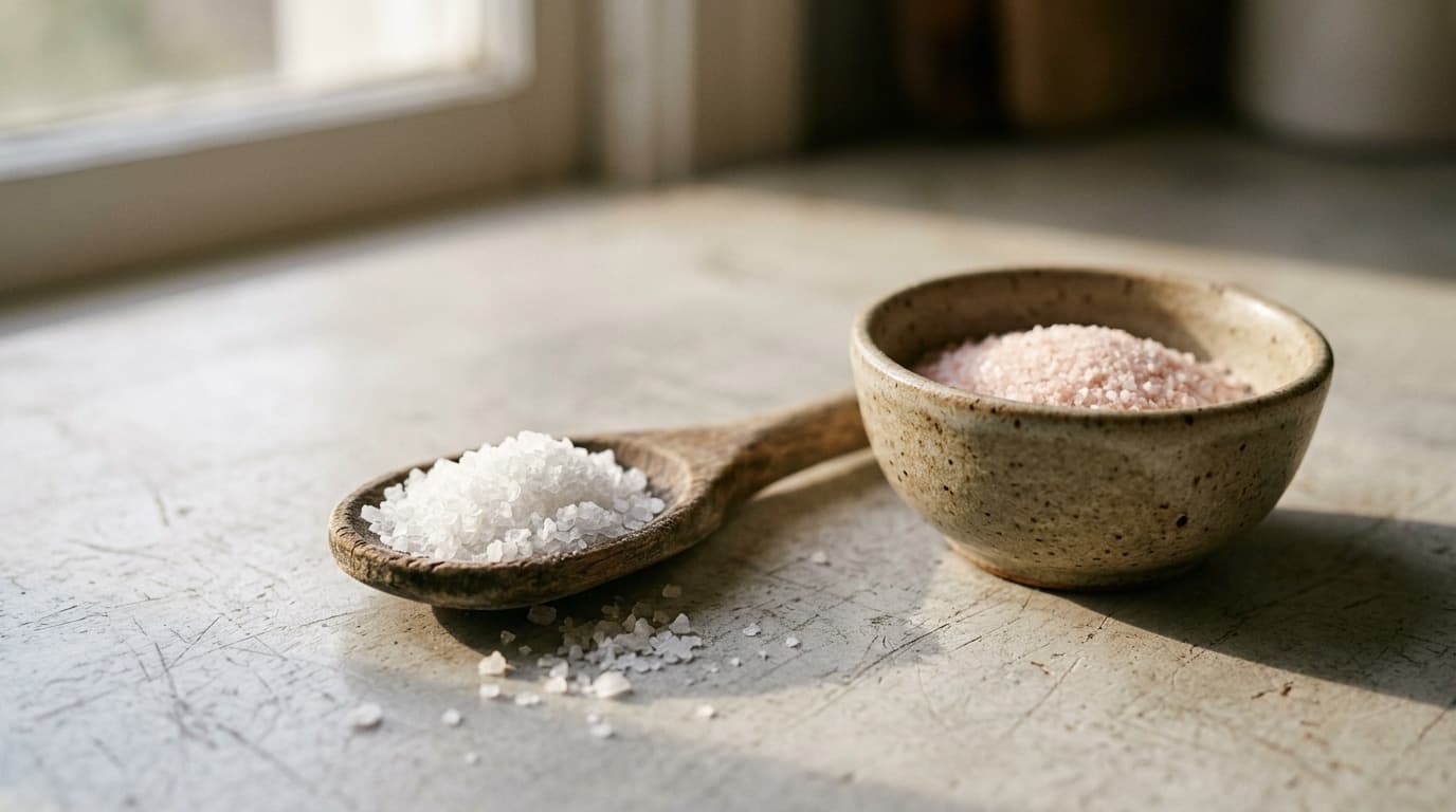 A wooden spoon of coarse white crystals beside a small bowl of finer pink-tinged crystals on a plain kitchen counter, no people.