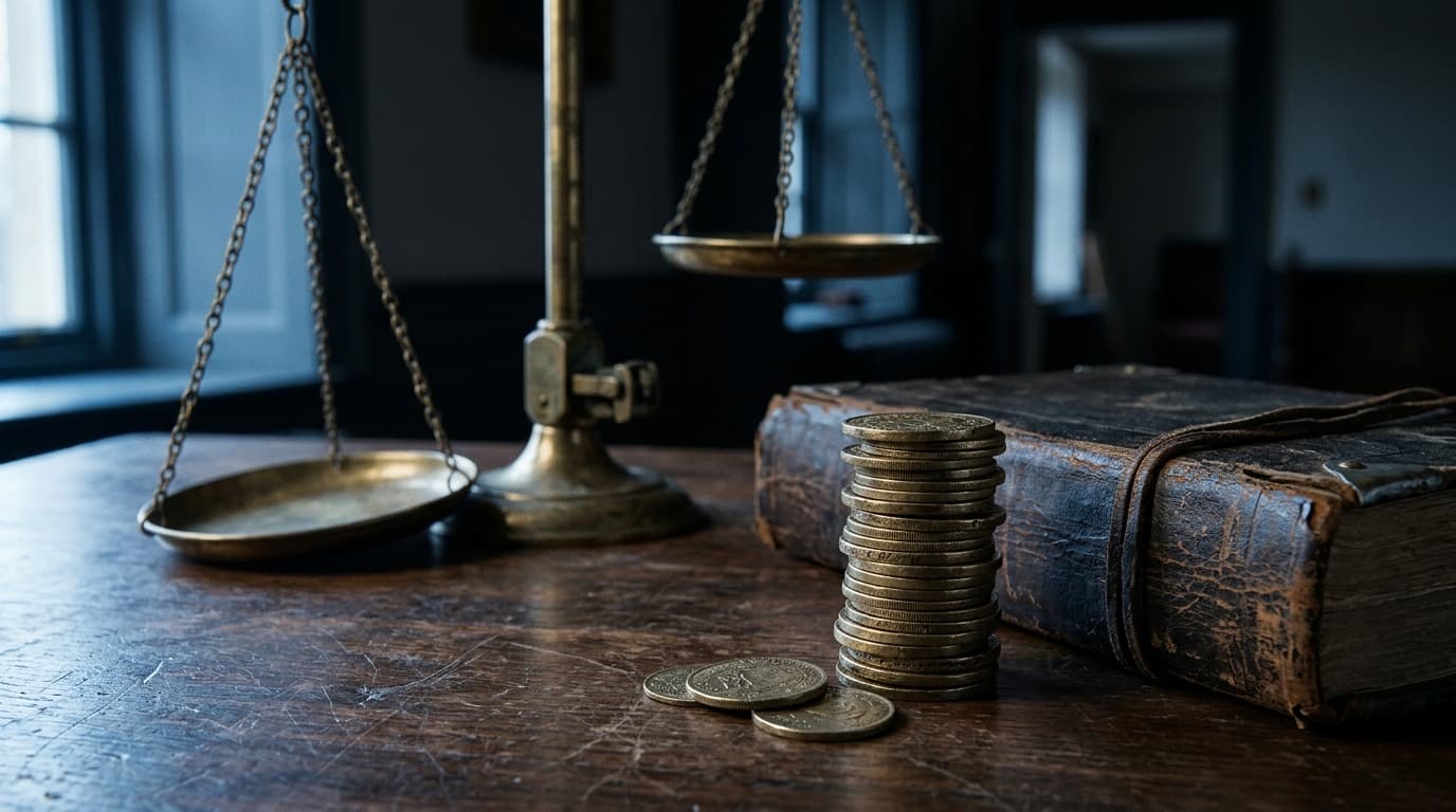 A tall stack of brass coins beside a worn leather ledger and an old brass balance scale on a dark wooden desk, no people.
