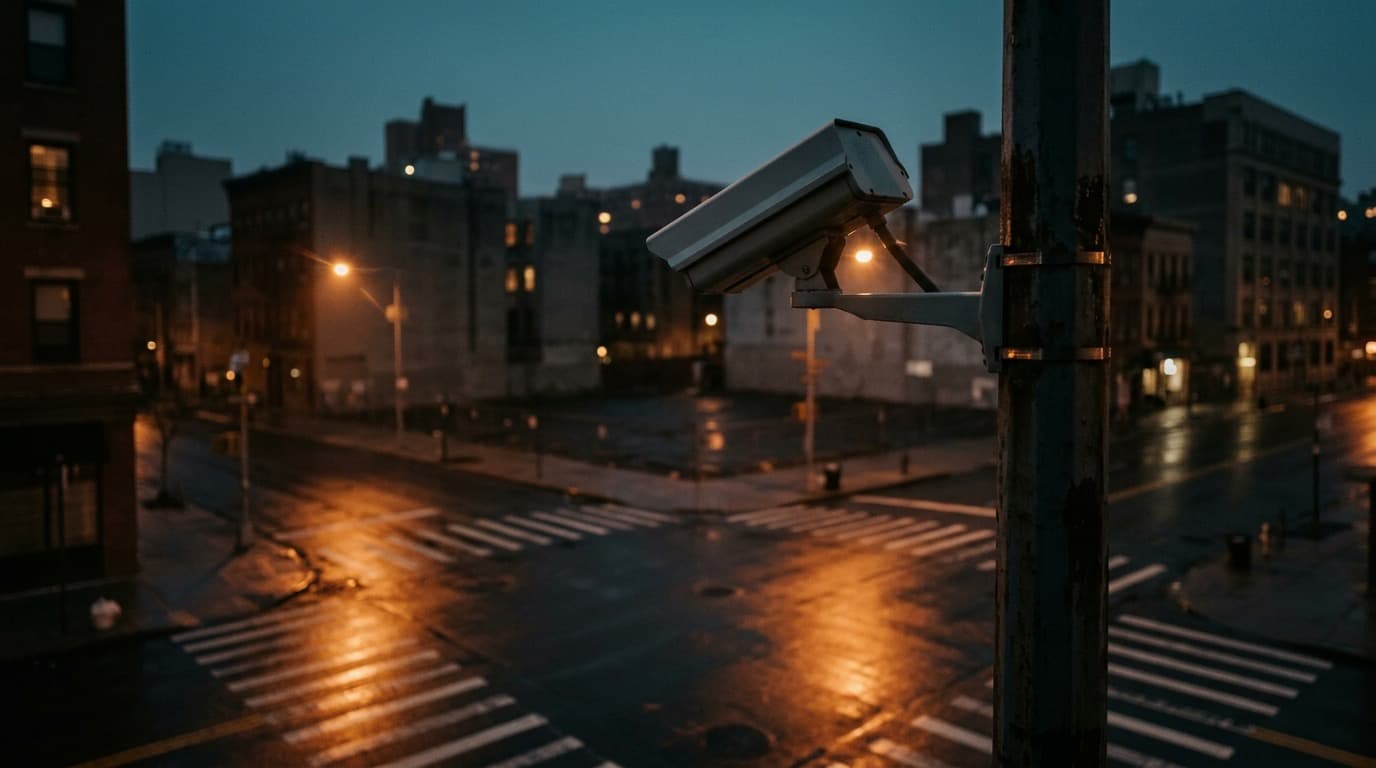 An empty city street at dusk with a single camera mounted high on a pole above an intersection, no people, no text.