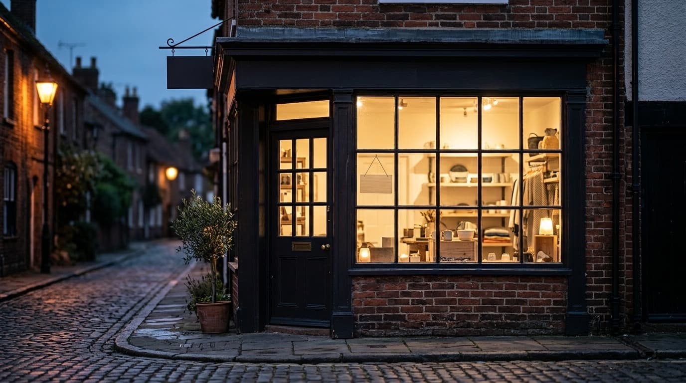 A small storefront at dusk with warm interior lighting and a closed sign silhouette, no people visible, evoking a small business rather than a hospital or insurance office.