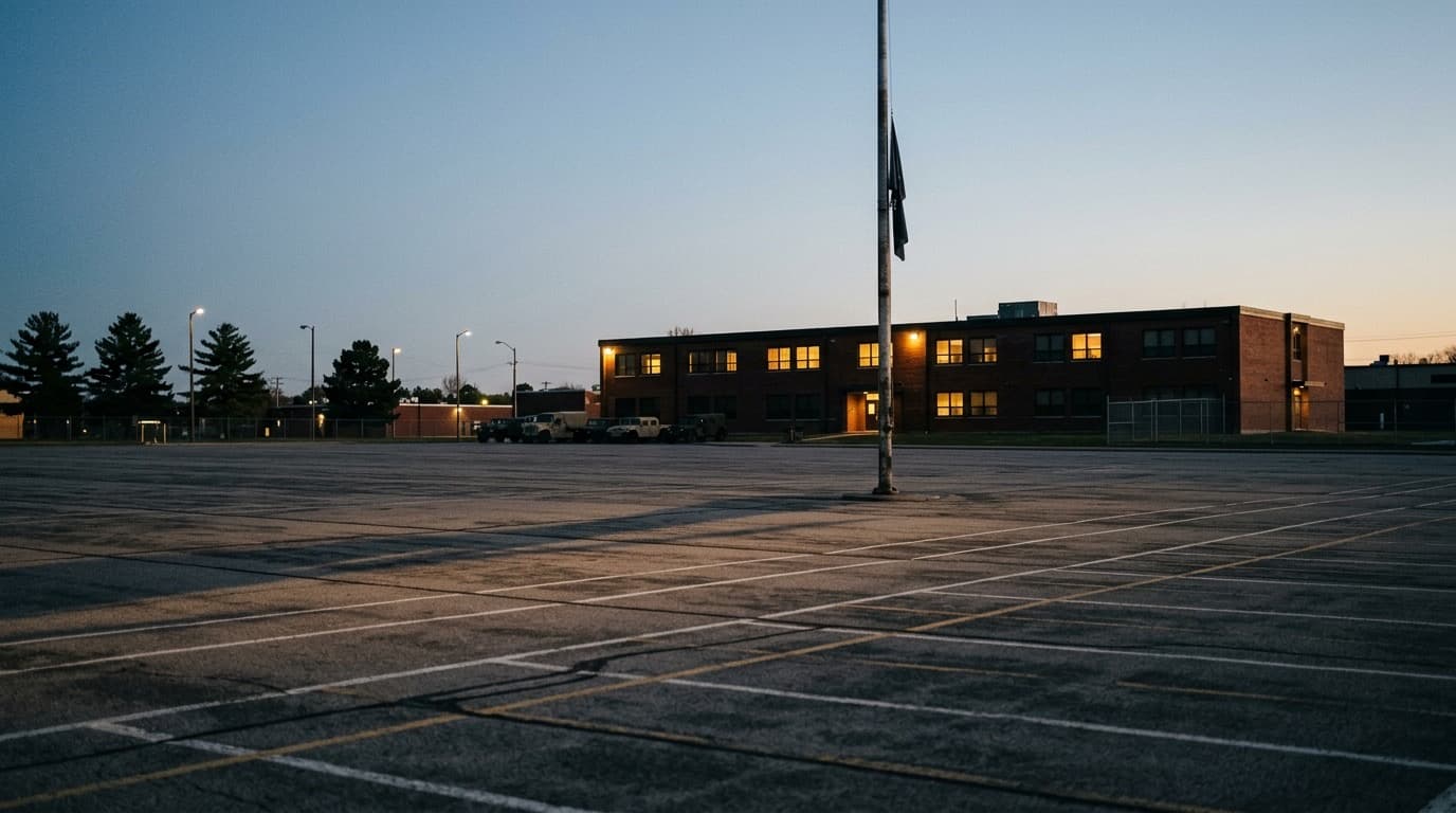 An empty military parade ground at dusk with a flagpole and a low brick administrative building, no people.