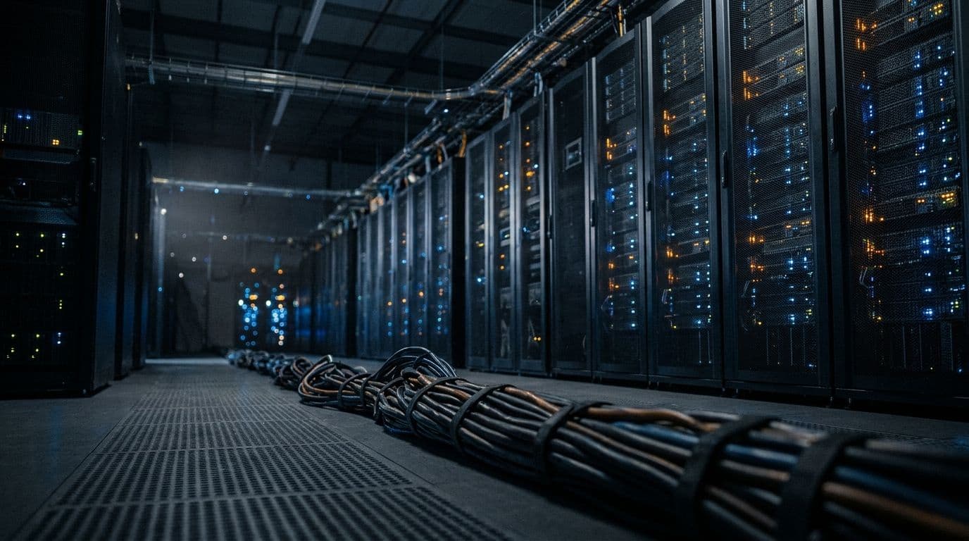 Rows of server racks with blue and amber indicator lights stretch down a dark data center hall.
