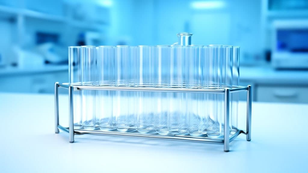 A rack of blood sample vials on a stainless steel lab counter under clinical white light, no people, no text.